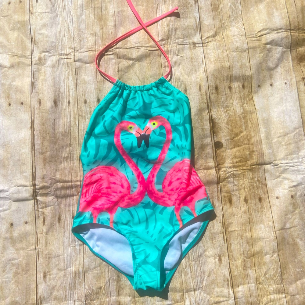 2/$10, 3/$12 1-piece halter, girls swimsuit with flamingos